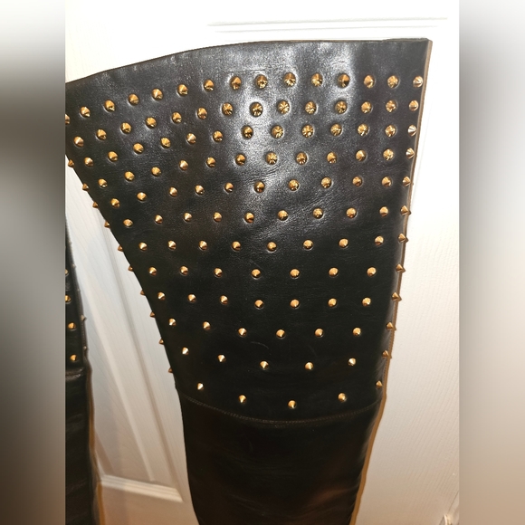 New Monica Chiang Thigh High Black Leather Gold Studs Covered Wedge Boots 40 - Picture 6 of 16